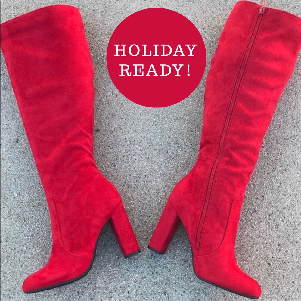1 Left Soda Red Faux Suede Knee High Heeled Boot - Picture 3 of 5